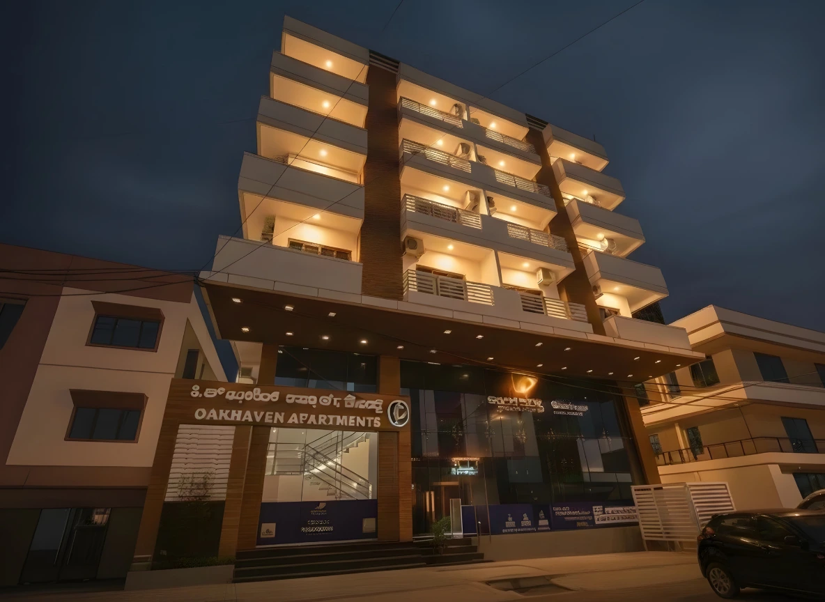 Oakhaven service
                                apartment in BTM-Layout building exterior at night
